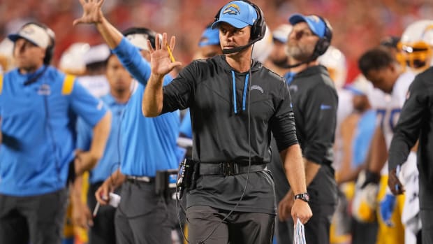Chargers head coach Brandon Staley calls out a play in a game vs. Kansas City.